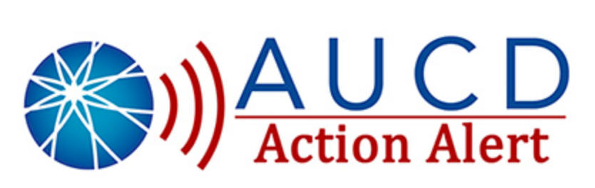 AUCD logo that is a blue circle with lines, red lines radiating from the circle. uppercase letters AUCD in blue above red letters Action Alert